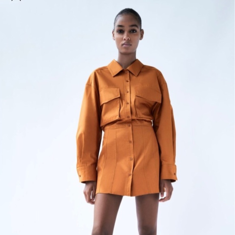 New ZARA Tabacco/ Rust/ Burnt Colored Poplin Shirt Mini Dress Open Back Sz M